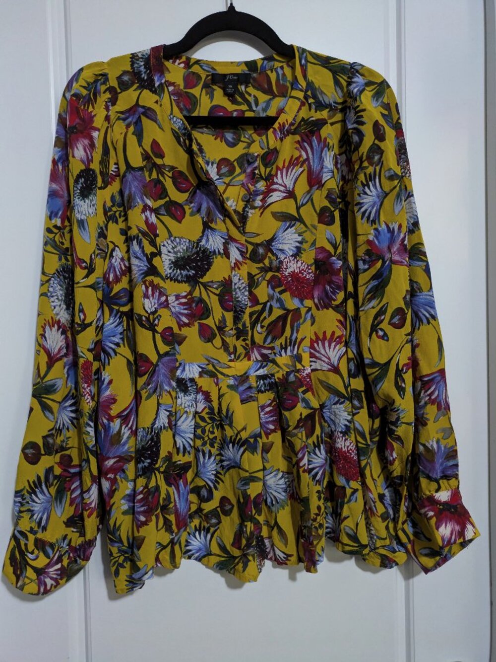 J. Crew Silk Yellow Floral Long Sleeved Plus Sized Lightweight Blouse (3X)